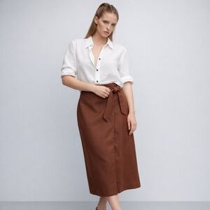 Mango 100% Linen Wrap Midi Skirt Brown Online Exclusive Size Small